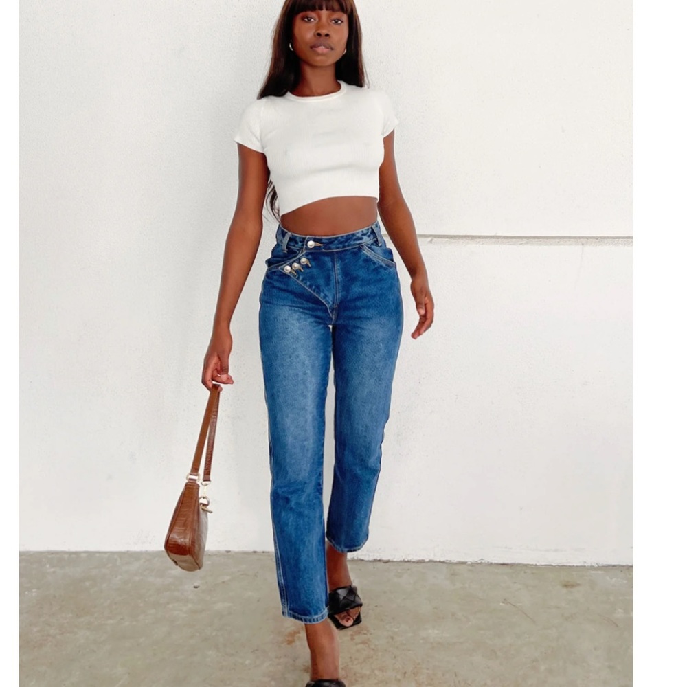 Princess Polly Asymmetric Exposed Button Fly Mid Wash Mom Jeans size 4